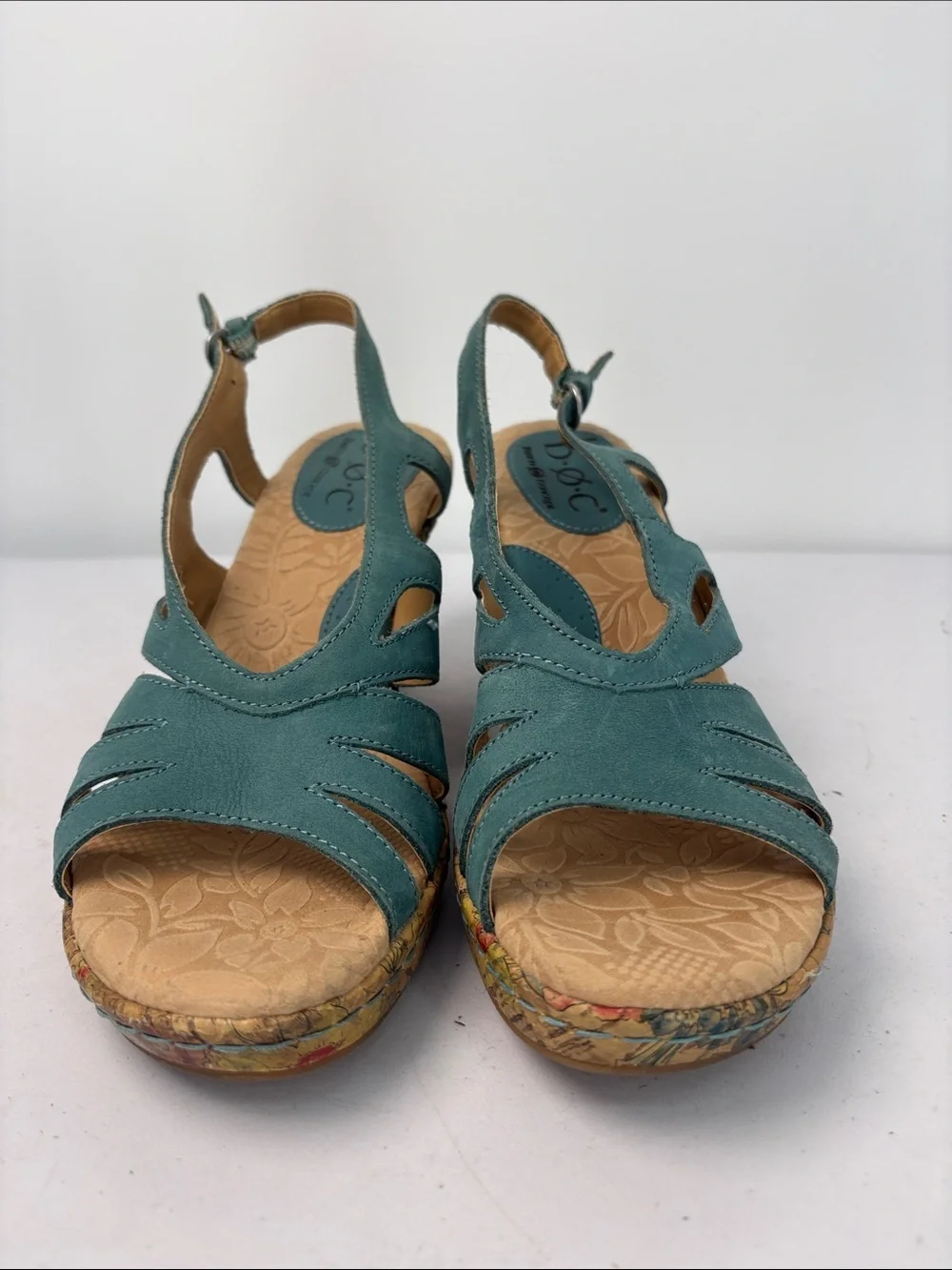 🫒 boc Teal Open-Toe Slingback Wedge Sandals with Floral Cork Heel